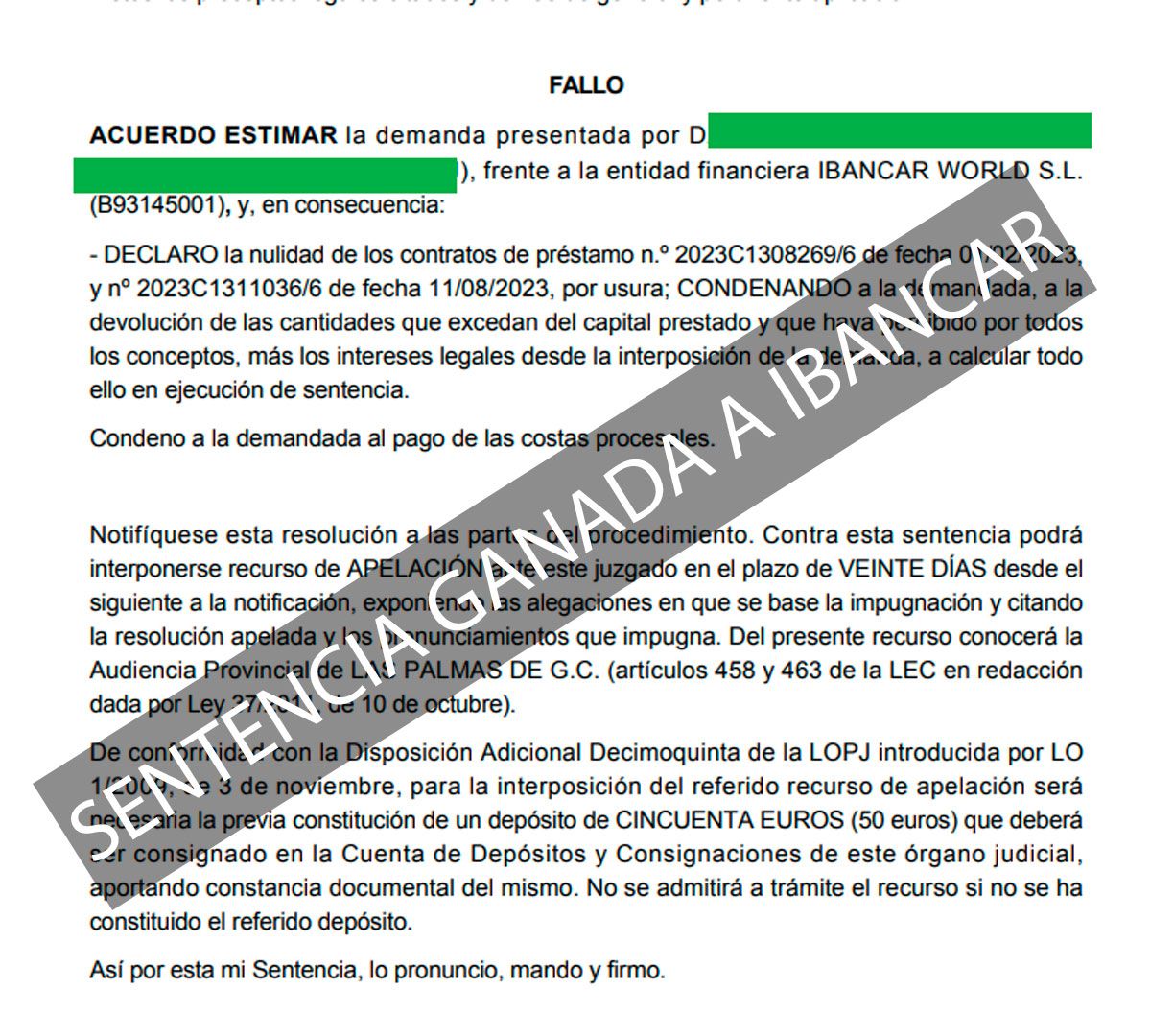 Sentencia ganada a Ibancar